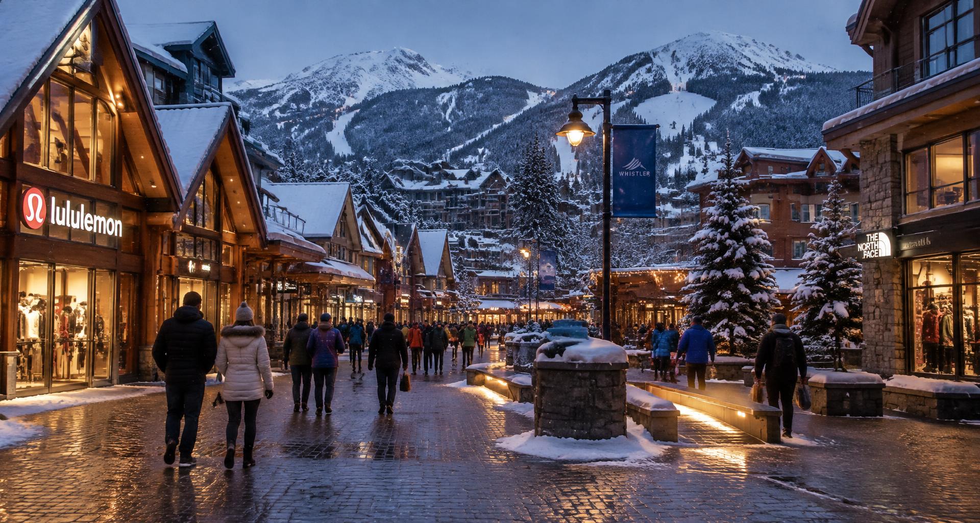 Snowy alpine village street at dusk with warm glowing restaurant windows